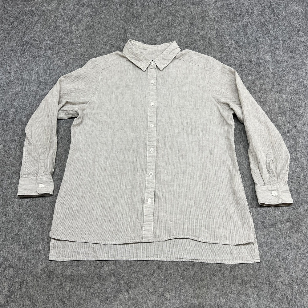Pendleton Shirt Womens Large Petite Gray Stripe Linen Cotton Tunic Top Casual
